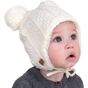 Baby Toddler Winter Knit Beanie with Ear Flaps White Warm Hat for Cold Weather